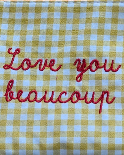 Petite pochette coton à carreaux Love you beaucoup jaune et rouge