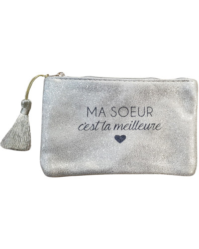 Pochette dorée pailletée et pompon "MA SOEUR c'est la meilleure" 