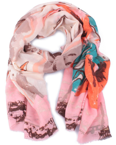 Echarpe beige taupe fleurs de lys oranges turquoises dorées