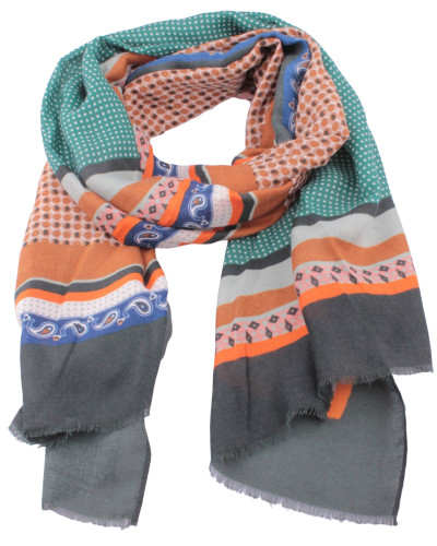 Echarpe verte motifs bleu camel orange Vintagia