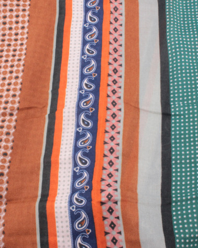 Echarpe verte motifs bleu camel orange Vintagia