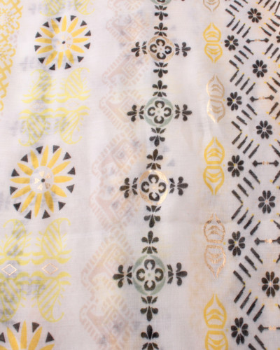 Echarpe blanche motifs jaunes verts et dorés Failladi