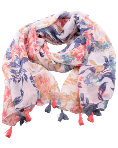 Echarpe blanche fleurs et pompons bleu et corail