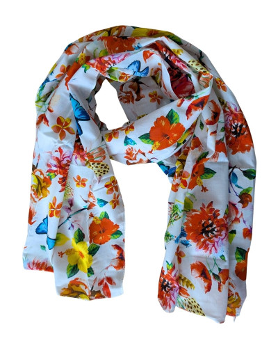 Foulard femme coton fleurs et papillons