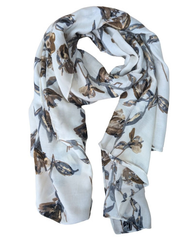 Echarpe femme beige fleurs marrons grises dorées