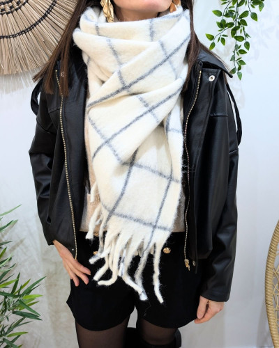 Echarpe beige à carreaux gris et franges