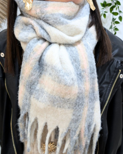 Echarpe beige à carreaux gris roses et franges