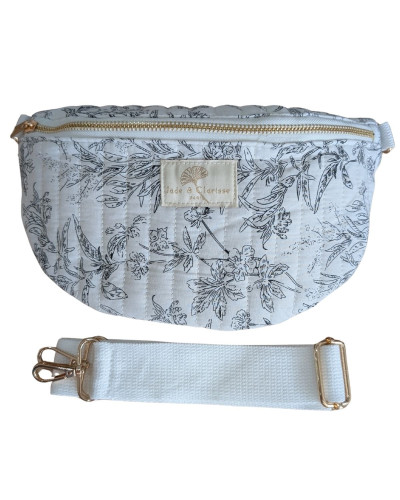 Sac banane coton femme blanc fleuri noir