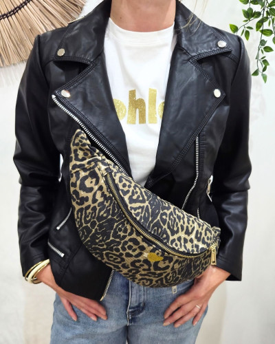Sac banane femme léopard taupe et noir coeur brodé doré