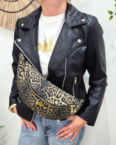 Sac banane femme léopard taupe et noir coeur brodé doré