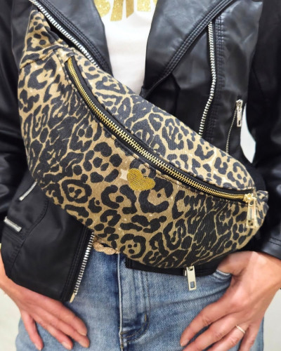 Sac banane femme léopard taupe et noir coeur brodé doré