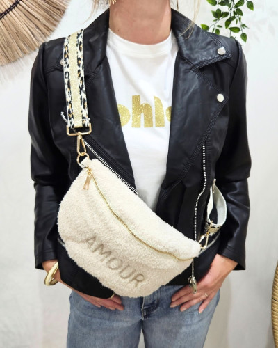 Sac banane femme moumoute broderie AMOUR sangle léopard dorée