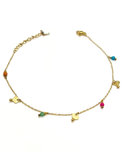 Chaine de cheville acier doré coquillages et perles multicolores