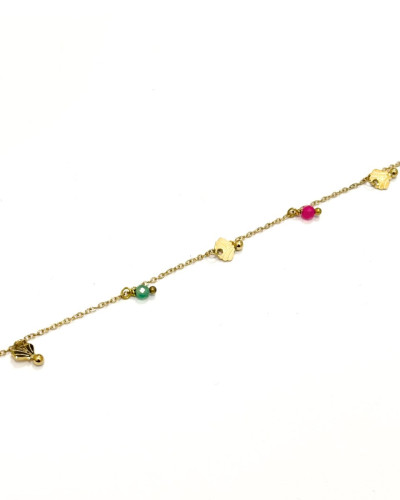 Chaine de cheville acier doré coquillages et perles multicolores