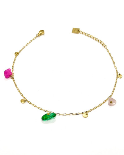 Chaine de cheville acier doré ronds ciselés et perles multicolores
