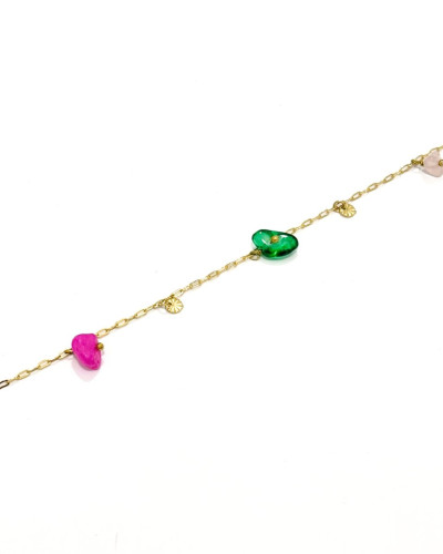 Chaine de cheville acier doré ronds ciselés et perles multicolores