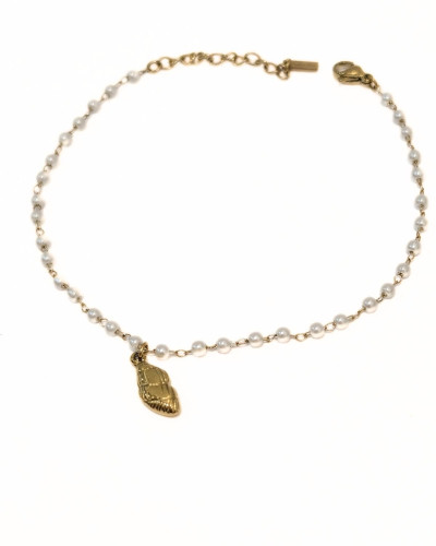 Chaine de cheville acier doré perles nacrées et sclaire noble