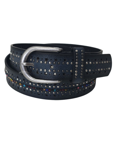 Ceinture bleue trous étoiles clous et bande strass multicolores