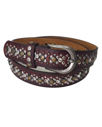 Ceinture rouge bordeaux strass et clous étoilés