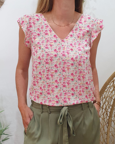 Blouse femme dos boutonné Christelle rose et vert