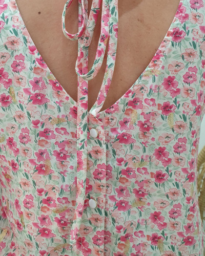 Blouse femme dos boutonné Christelle rose et vert