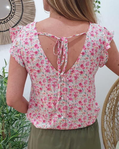 Blouse femme dos boutonné Christelle rose et vert