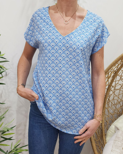 Blouse femme bleu ciel et blanc Angela