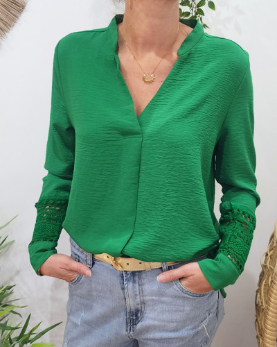 Blouse femme manches brodées vert