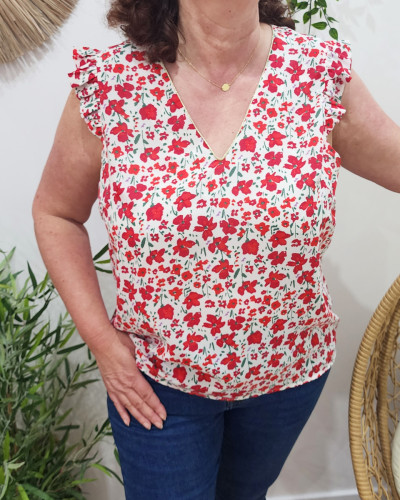 Blouse femme blanche fleurs rouges