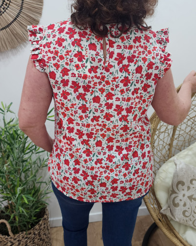 Blouse femme blanche fleurs rouges