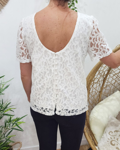 Blouse femme blanche brodée dos boutonné Jamie