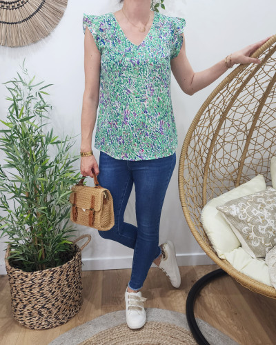 Blouse femme violet et vert liser argent