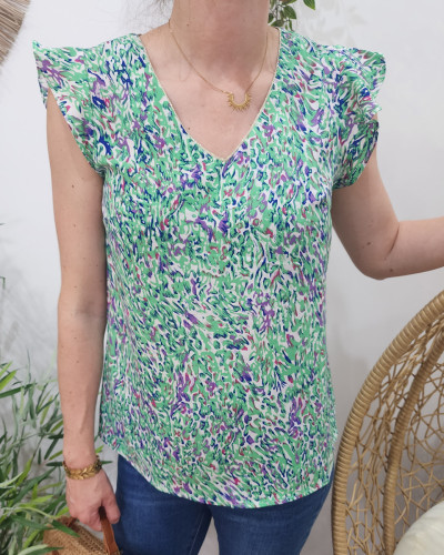 Blouse femme violet et vert liseré argent