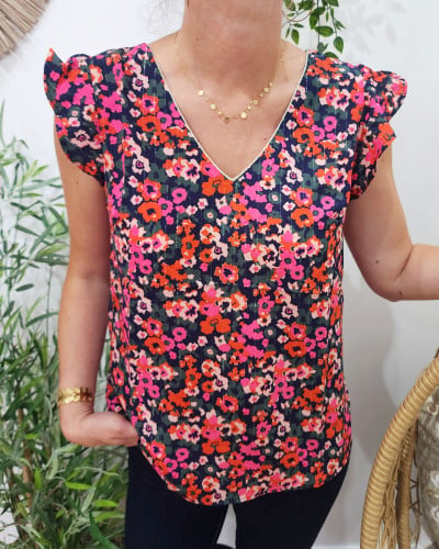 Blouse femme marine fleurs roses orangées Florentina