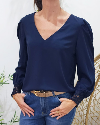 Blouse femme bleu marine manches brodées Aurora