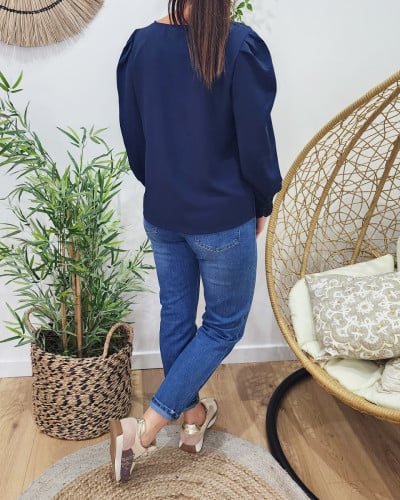 Blouse femme bleu marine manches brodées Aurora