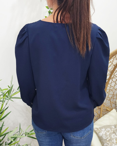 Blouse femme bleu marine manches brodées Aurora