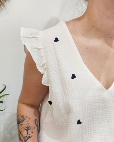 Blouse coton gaze écru coeurs bleu marine