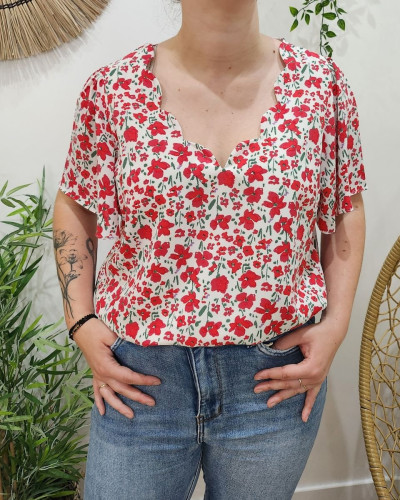 Blouse femme blanc fleurs rouges Fernande 26695