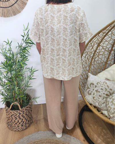 Blouse en gaze de coton écru fleurs marrons