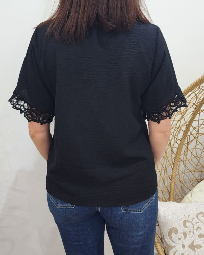 Blouse femme noire  manches et col brodés Tylia