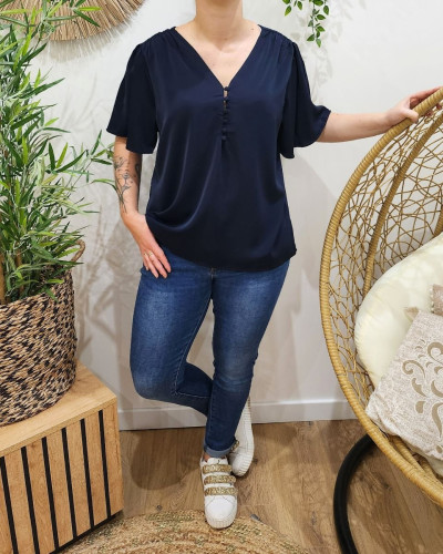 Blouse femme Donna bleu marine boutonnée