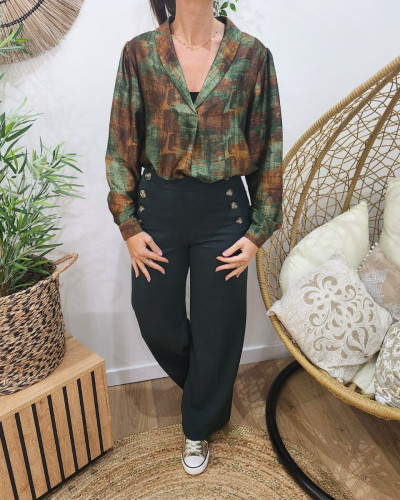 Blouse satinée verte marron col chemise Billie