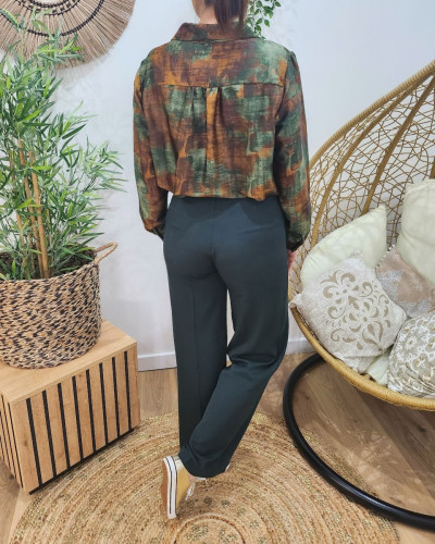 Blouse satinée verte marron col chemise Billie