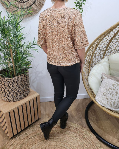 Blouse femme beige sequins rose gold Hailee