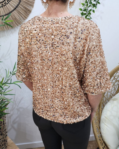 Blouse femme beige sequins rose gold Hailee