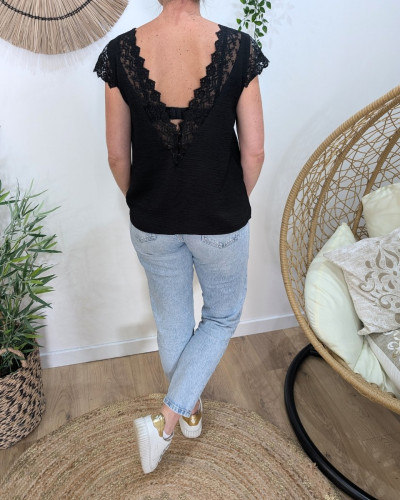 Blouse femme noire dos et manches dentelle Enya