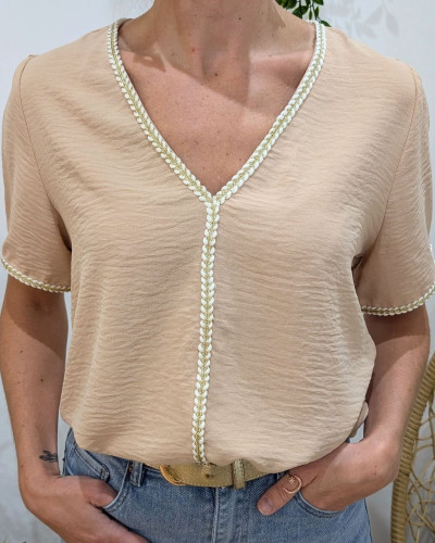 Blouse femme beige tressée écrue et dorée Saphira
