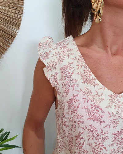 Blouse femme coton gaze beige fleurs vieux rose
