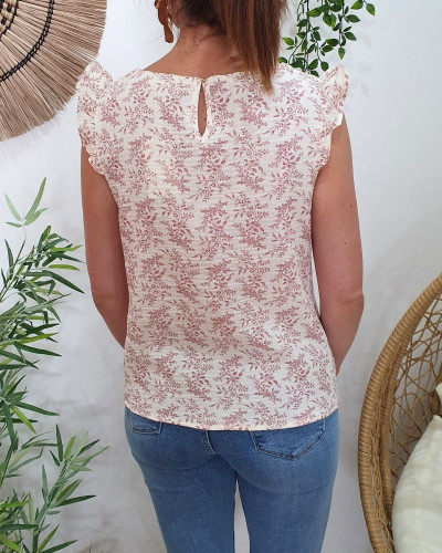 Blouse femme coton gaze beige fleurs vieux rose